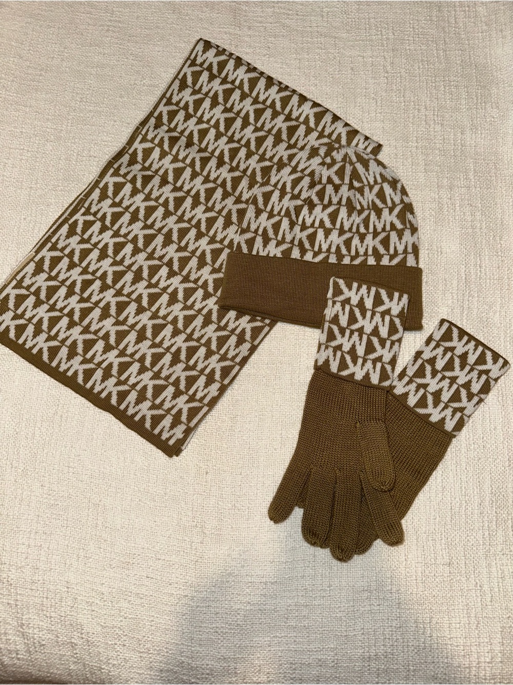 Michael Kors Brown & White Logo Knit Scarf, Beanie & Gloves Set